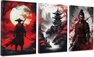 CCWACPP 3 Piece Samurai Wall Art Japan Painting Canvas Print Warrior Figure Pictures Bushido Posters Japanese Culture Theme Artwork Home Room Decor Framed (D, (11"x14"x3))