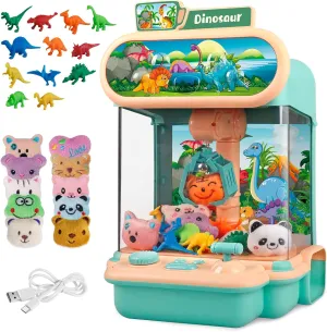 Claw Machine for Kids,Mini Dinosaur Vending Machines Candy Grabber Prize Dispenser Pink Toys for Boy Girl,Electronic Arcade Game with 10 Mini Plush Toys and 12 Dinosaur Toys for Easter Birthday Gifts