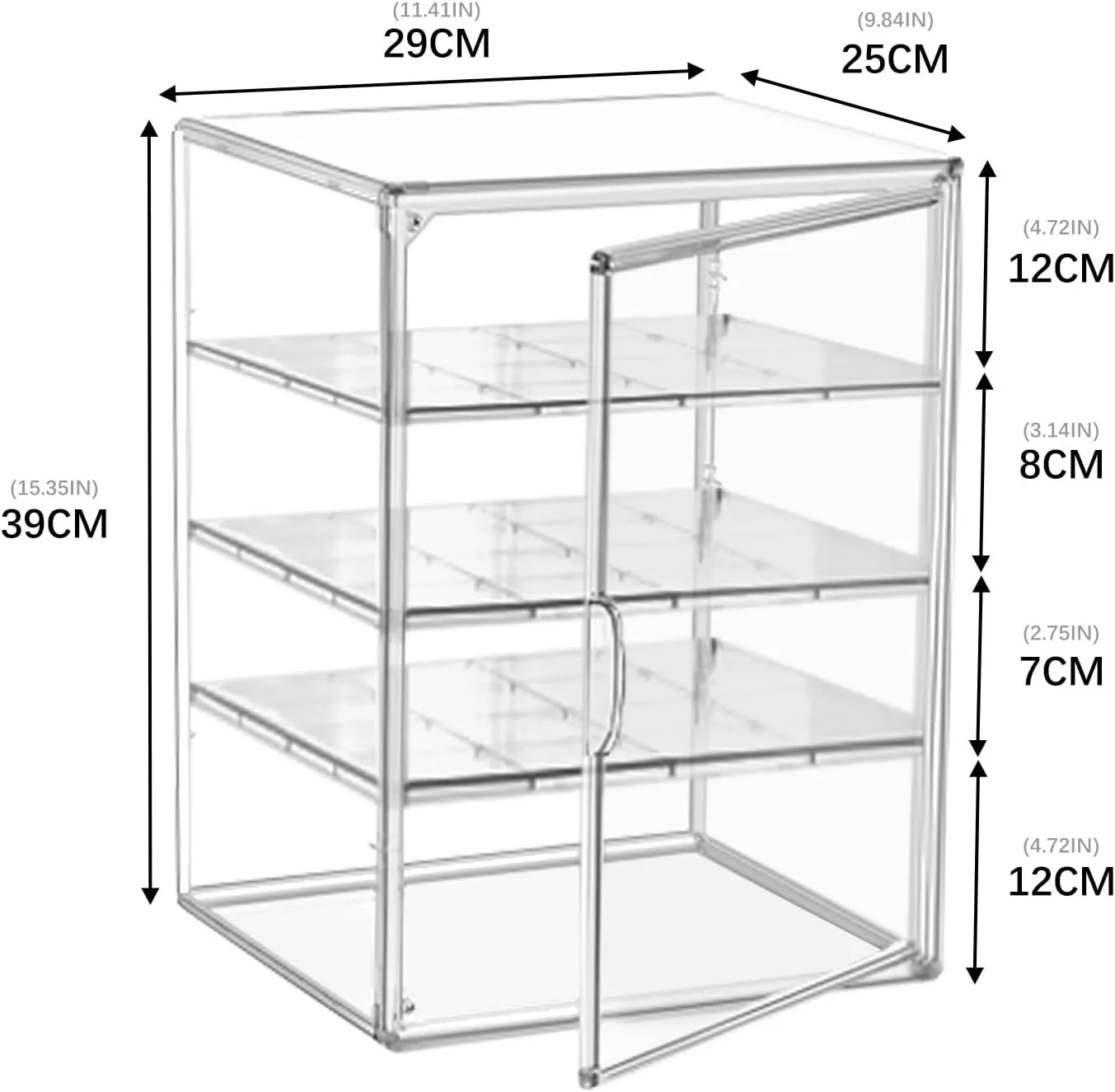 Clear Acrylic Display Case for Figures 4-Tier Collectibles Storage Box with 3 Dividers Stackable Display Stand for Action Figures, Handbag, Shoes,1 Pcs