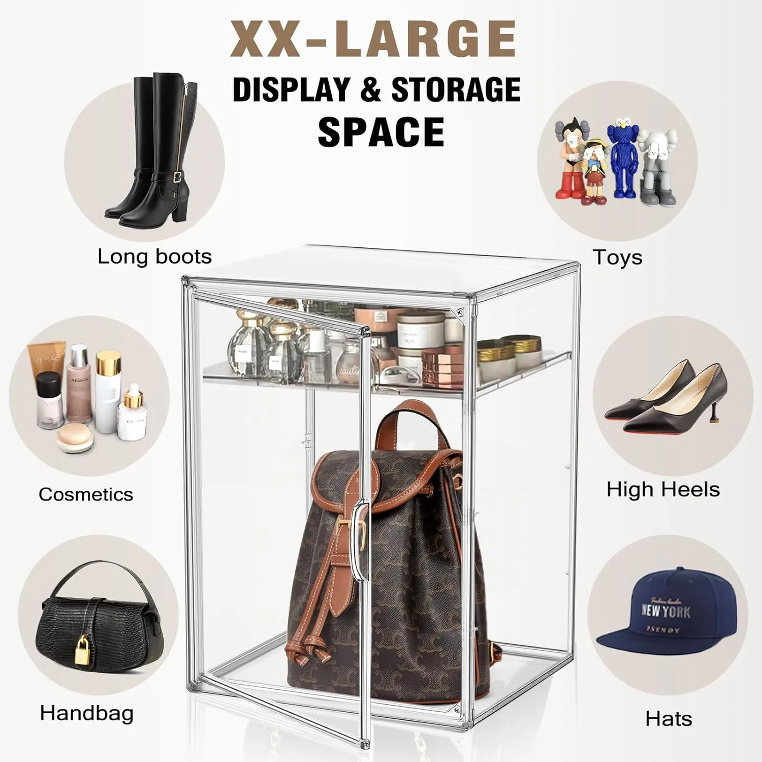 Clear Acrylic Display Case for Figures 4-Tier Collectibles Storage Box with 3 Dividers Stackable Display Stand for Action Figures, Handbag, Shoes,1 Pcs