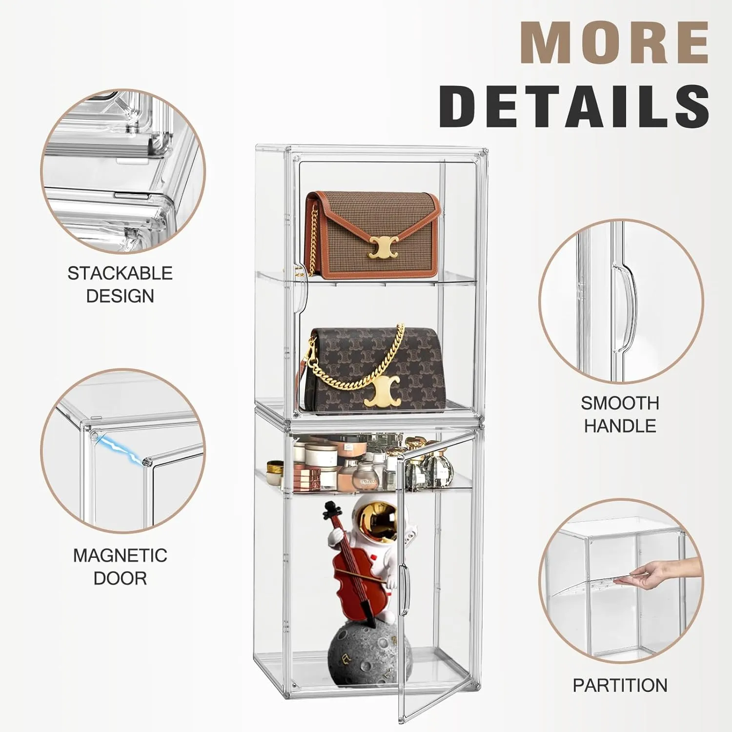 Clear Acrylic Display Case for Figures 4-Tier Collectibles Storage Box with 3 Dividers Stackable Display Stand for Action Figures, Handbag, Shoes,1 Pcs
