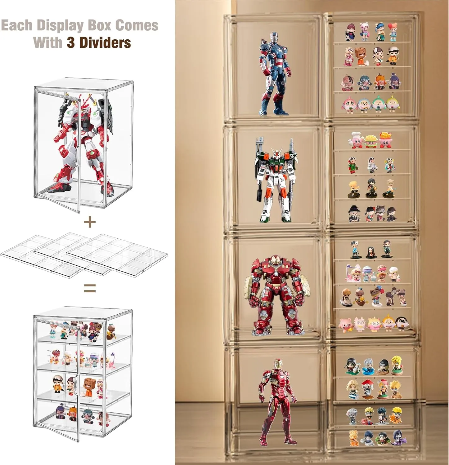 Clear Acrylic Display Case for Figures 4-Tier Collectibles Storage Box with 3 Dividers Stackable Display Stand for Action Figures, Handbag, Shoes,1 Pcs
