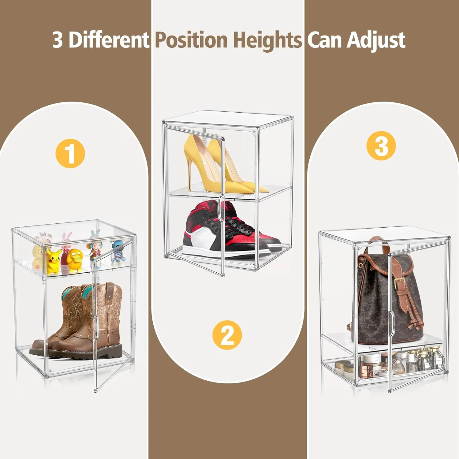 Clear Display Case for Figures 4-Tier Adjustable Showcase Acrylic Storage Box with 3 Dividers Stackable Display Stand for Collectibles, Handbag, Shoes, 2 Pcs