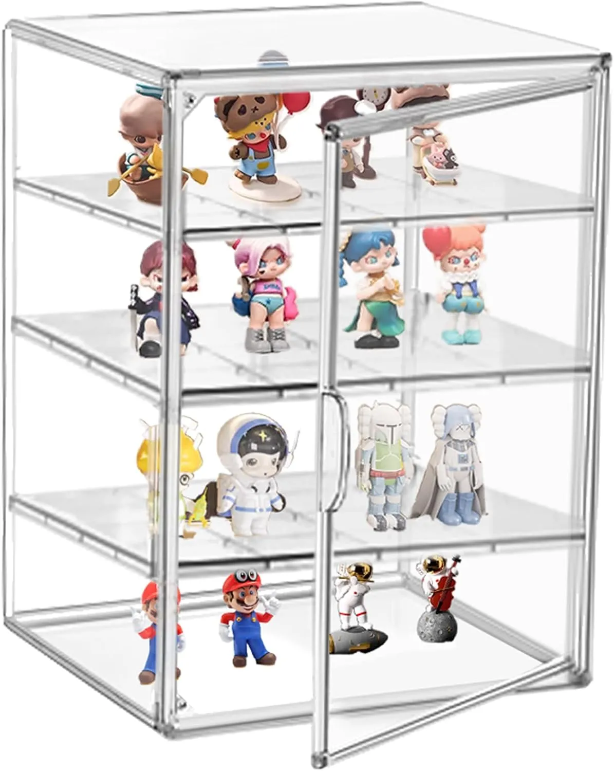 Clear Display Case for Figures 4-Tier Adjustable Showcase Acrylic Storage Box with 3 Dividers Stackable Display Stand for Collectibles, Handbag, Shoes, 2 Pcs