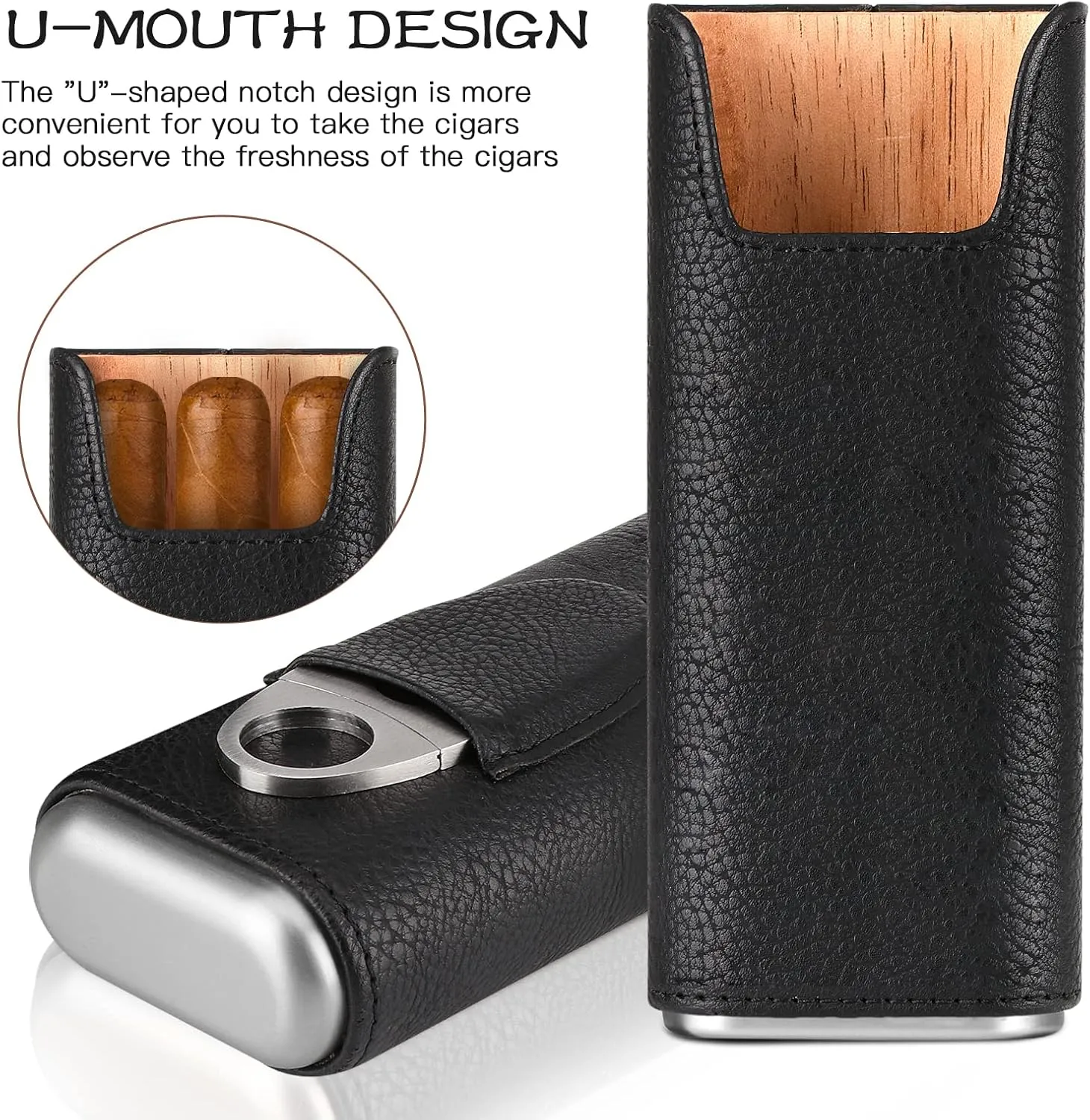 COOL KNIGHT Leather Cigar Case - Cedar Wood Lining Travel Humidors for Cigars - Cigar Accessories Include Stainless Steel Cigar Cutter - Cigar Gift Box for Cigar Lovers (Black)