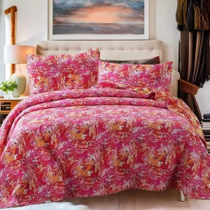 DaDa Bedding Fall Reversible Bedspread Set - Hawaiian Star Burst Pop Hawaiian Multi Colorful - Bright Vibrant Pink Orange Purple - King - 3-Pieces