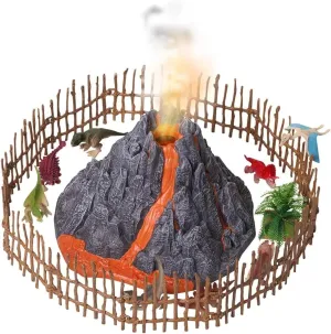 Dazmers | Volcano and Dinosaurs Playset - Includes 8 Jurassic Dinosaur Figures and Fence Mist-spouting Volcano World Set - Electric Volcano & Dinosaur Toys for Kids - Mini Gift for Toddlers Ages 3 