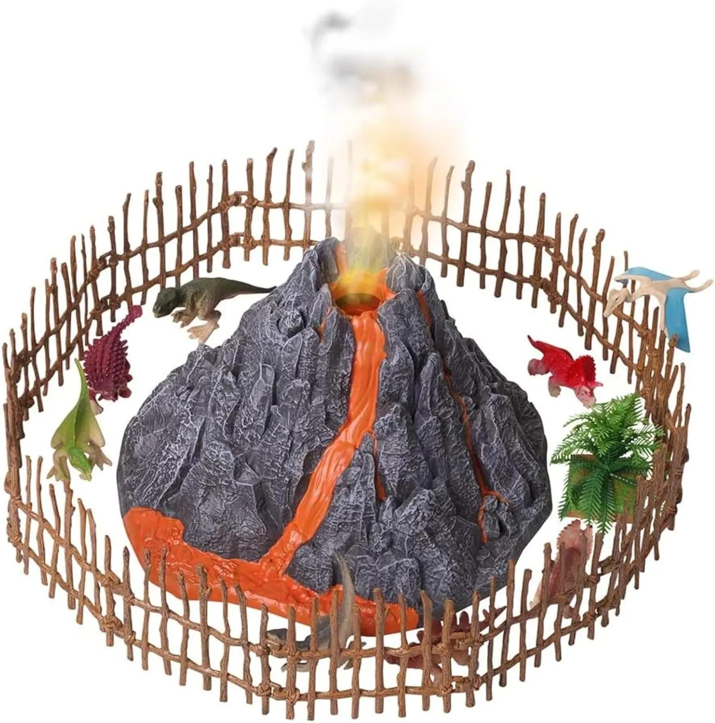 Dazmers | Volcano and Dinosaurs Playset - Includes 8 Jurassic Dinosaur Figures and Fence Mist-spouting Volcano World Set - Electric Volcano & Dinosaur Toys for Kids - Mini Gift for Toddlers Ages 3 