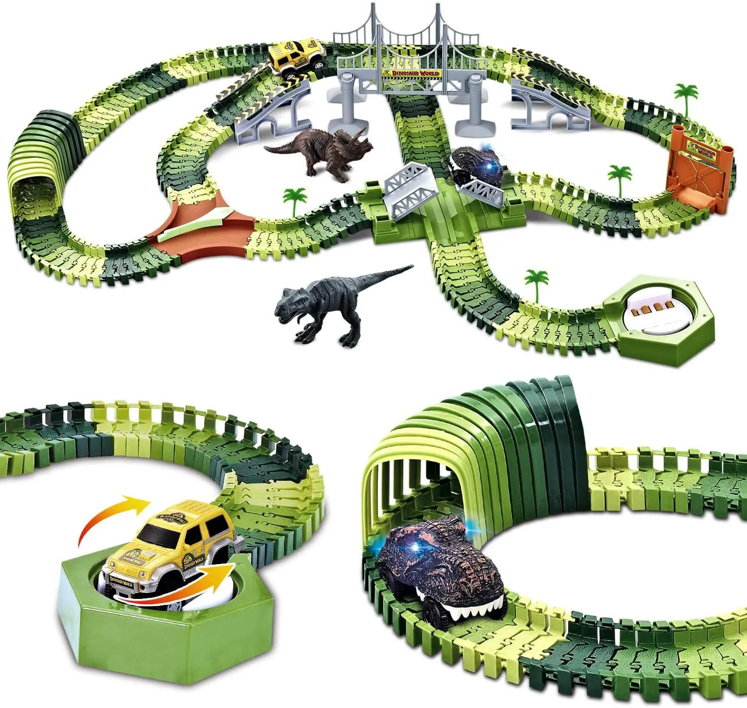 Dinosaur Race Track Toy Set 288 PCS, Flexible Track Playset w/ 240 Tracks, 1 Dinosaur Car, 1 Race Car, 1 Drawbridge, 1 Tunnel, Create A Dino Track, Dinosaur Toy Gift for Kids Boys Girls Age 3 
