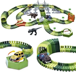 Dinosaur Race Track Toy Set 288 PCS, Flexible Track Playset w/ 240 Tracks, 1 Dinosaur Car, 1 Race Car, 1 Drawbridge, 1 Tunnel, Create A Dino Track, Dinosaur Toy Gift for Kids Boys Girls Age 3 