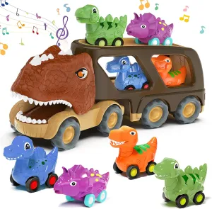 Dinosaur Toys for Kids 2-4 Boys,Dinosaur Car Carrier Truck Toy with 4 Pull Back Dino Car，Dinosaur Truck for 2 3 4 5 Year Old Boy Toys,2 3 4 5 Year Old Boy Birthday Gift with Dino Sound.