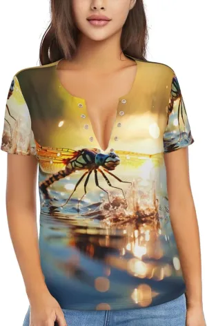 Dragonfly Pattern Sexy V-Neck Printed Short T-Shirt, Travel Portable Fitness Clothes, Home and Outdoor wear
