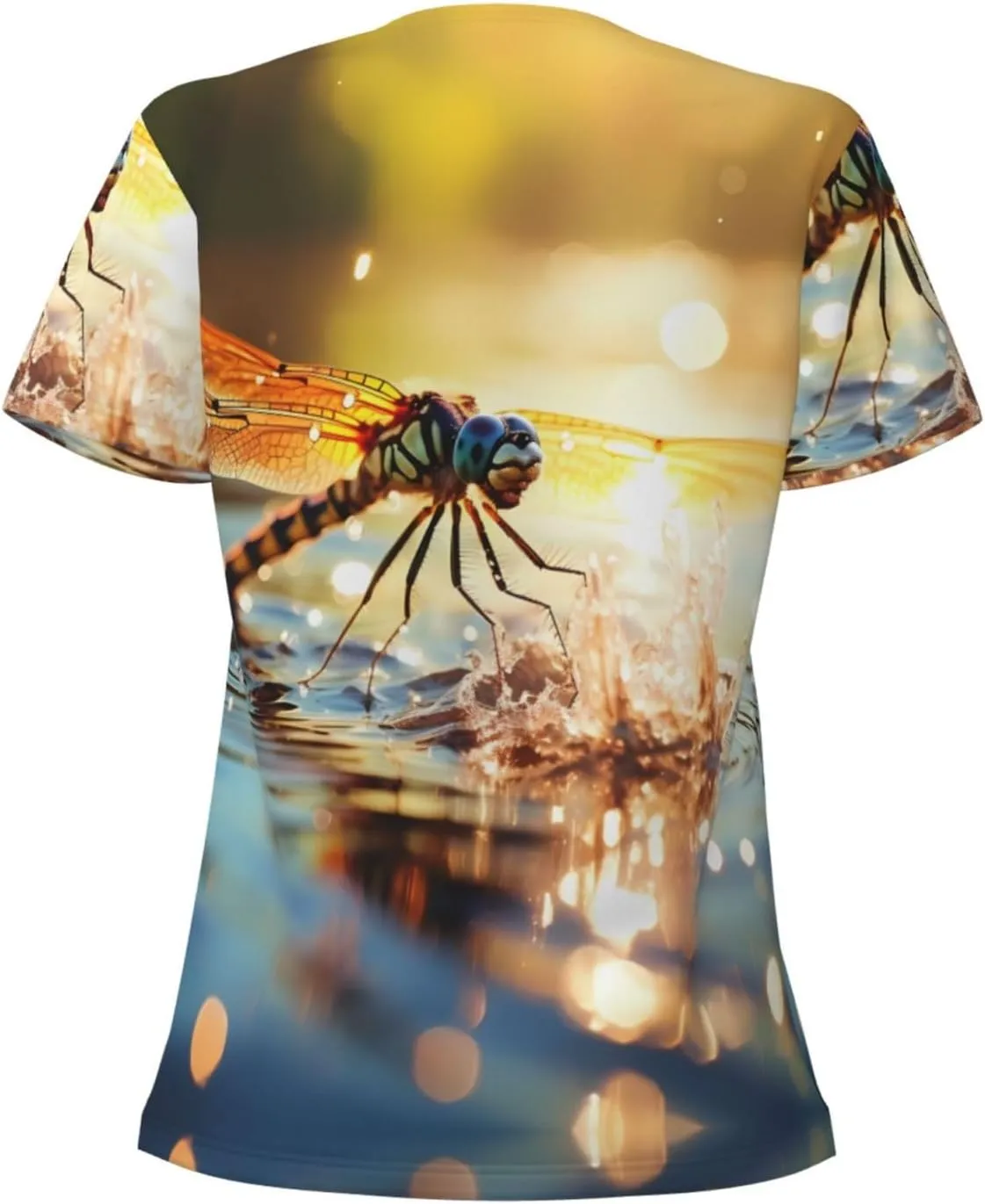 Dragonfly Pattern Sexy V-Neck Printed Short T-Shirt, Travel Portable Fitness Clothes, Home and Outdoor wear