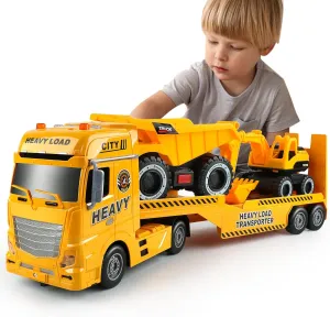 Dwi Dowellin Construction Carrier Semi Truck Toy with Excavator and Dump Truck, Gifts for Age 3-6 Boys & Girls