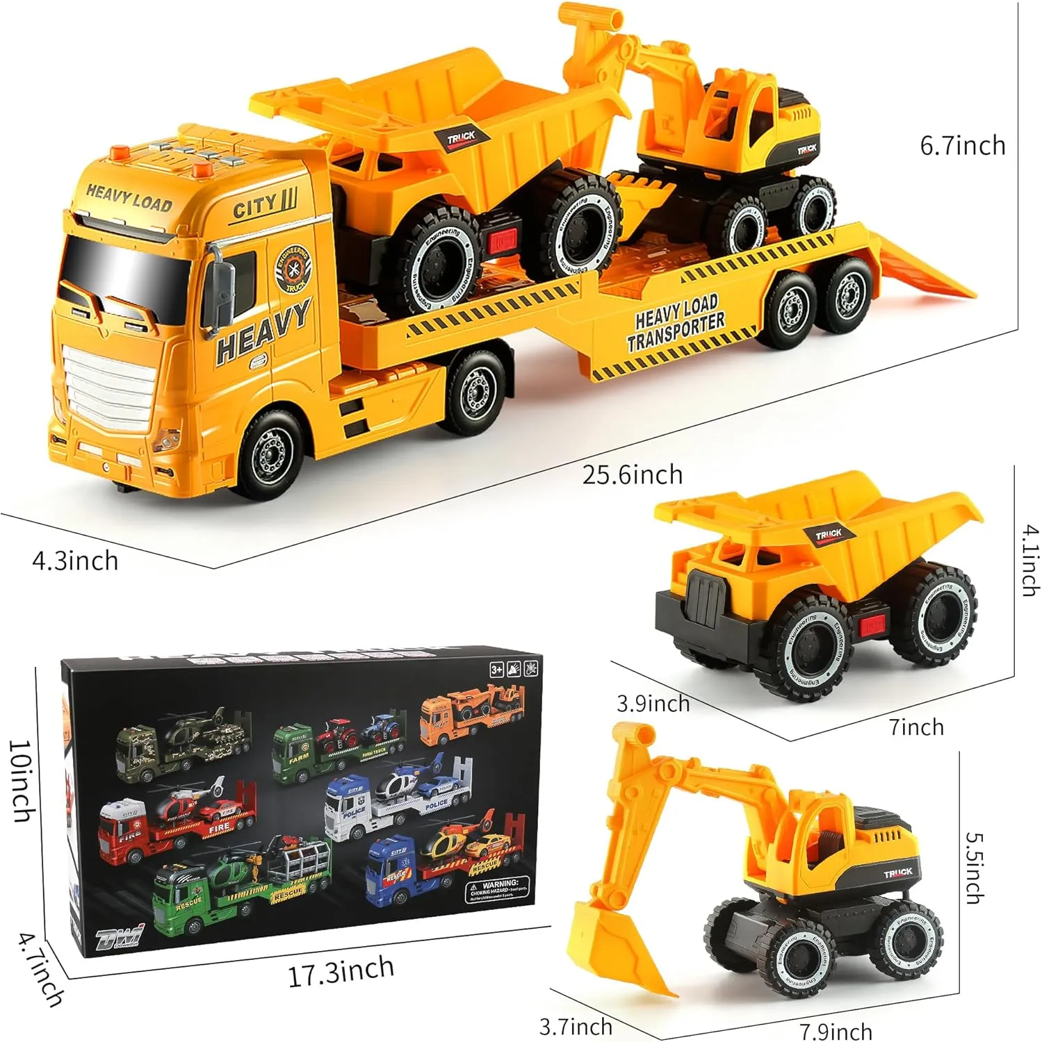Dwi Dowellin Construction Carrier Semi Truck Toy with Excavator and Dump Truck, Gifts for Age 3-6 Boys & Girls
