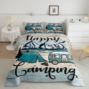 Erosebridal Happy Camping Bedding Comforter Sets Camper Bedding Sets Full,Rustic Farmhouse Duvet Insert Camping Accessories Quilted Comforter,RV Car Theme Decor Duvet Colorful Vintage Wooden Quilt