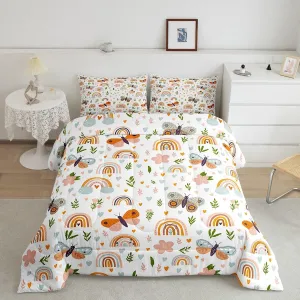 Erosebridal Kids Rainbow Bedding Set Queen for Girls Toddler Cute Butterfly Comforter Set, Colorful Love Heart Down Comforter Botanical Plants Bedding Comforter Sets, Pink Floral Flower Duvet Insert