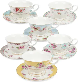 fanquare Colorful Floral Porcelain Coffee Cup with Saucer, British Tea Cups Set for 6, Classic Rose Tea Party Set for Women