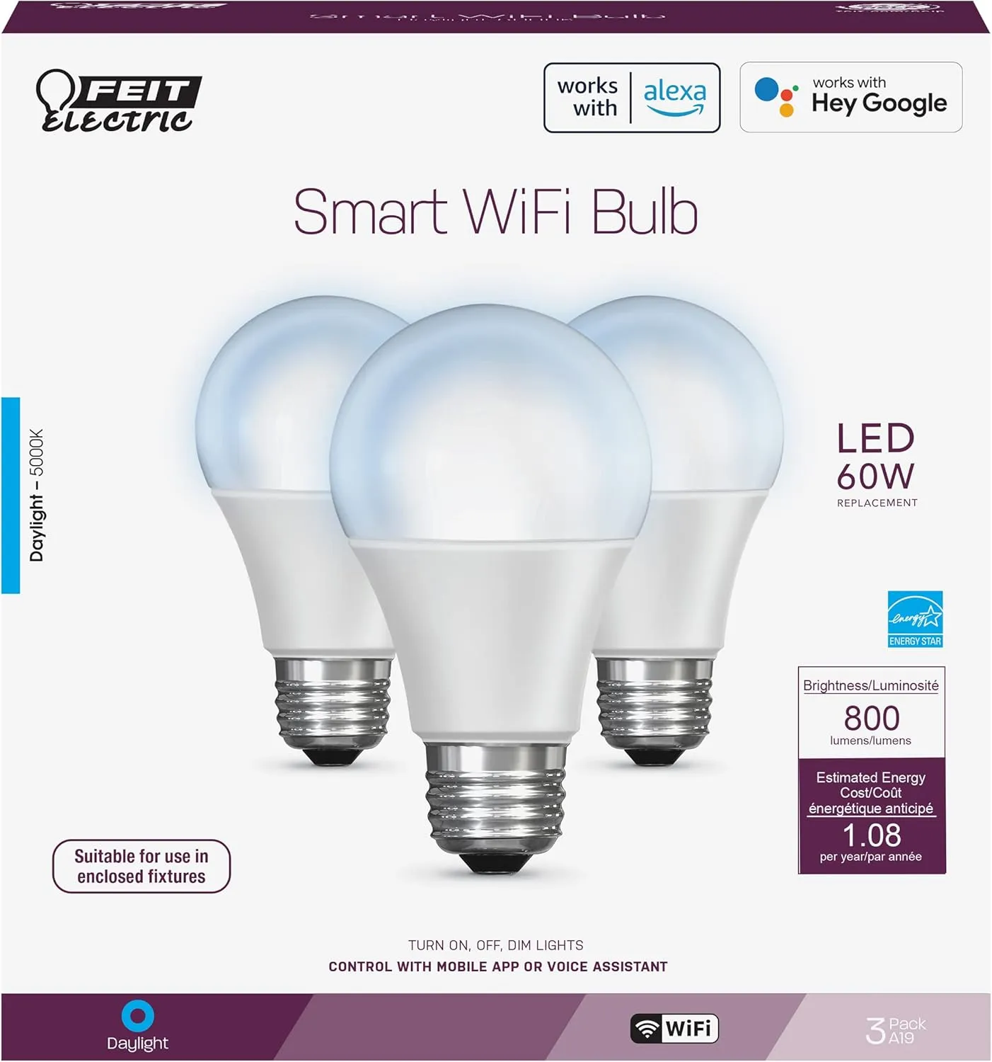 Feit Electric Smart Light Bulbs, 2.4Ghz WiFi Light Bulbs, No Hub Needed, Works with Alexa and Google, Dimmable 60 Watt = LED 9W, OM60/950CA/AG/3, 5000K Day Light, 3 Pack