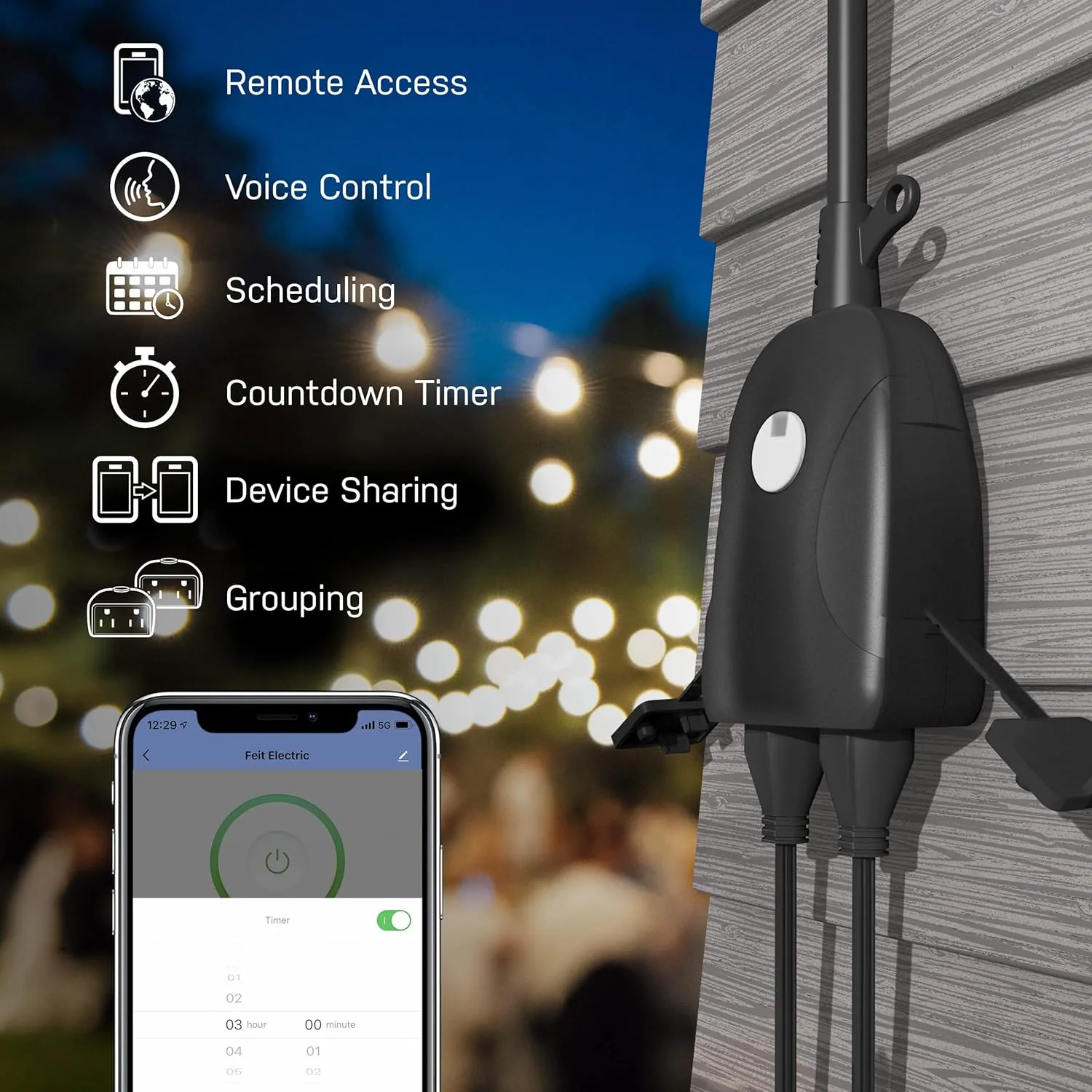 Feit Electric Smart Outdoor Plug, WiFi Waterproof Plug, 2 Grounded Sockets, Works with Alexa and Google Assistant, App Controlled, 15 Amp Indoor/Outdoor 2 Outlet Plug, Black, Plug/WiFi/WP