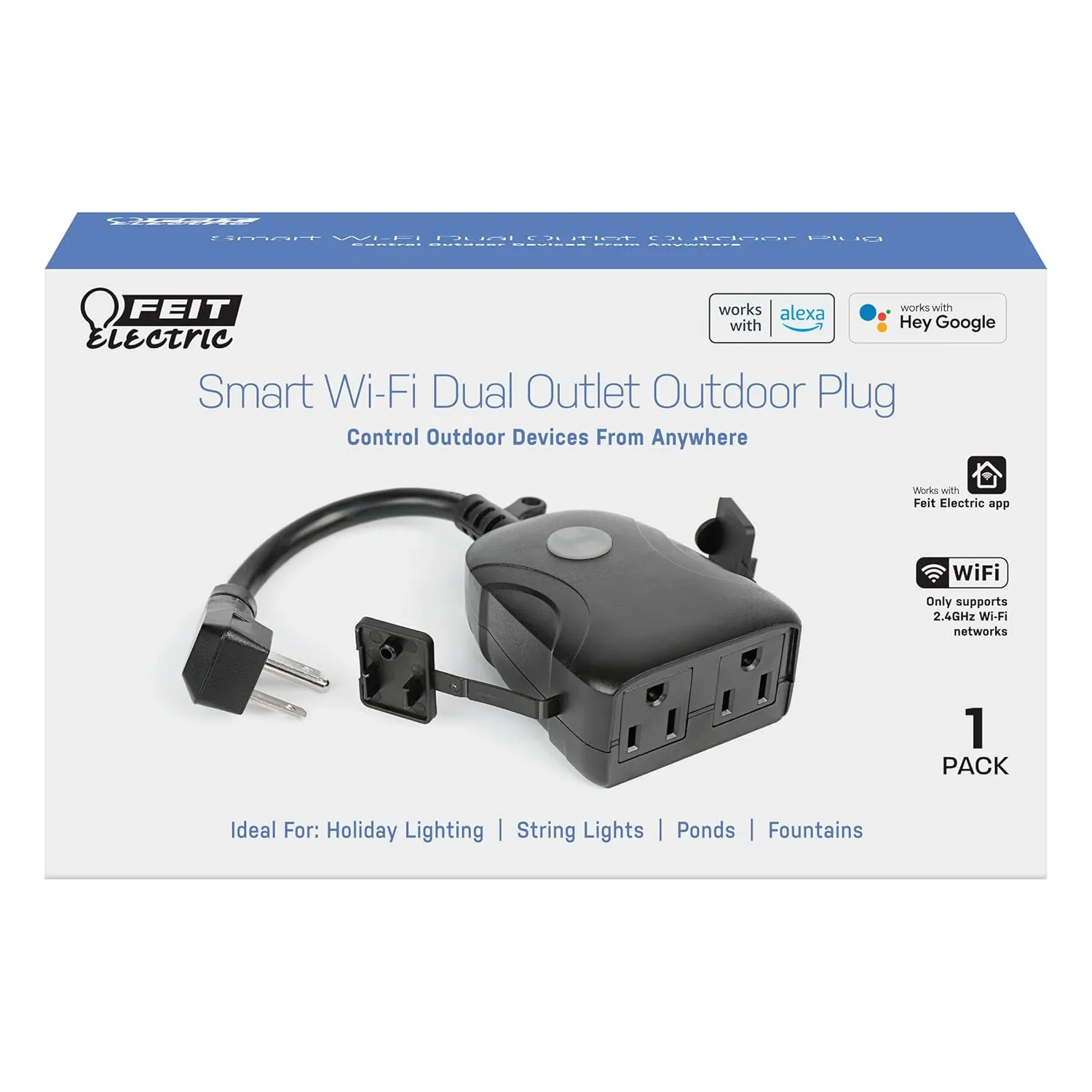 Feit Electric Smart Outdoor Plug, WiFi Waterproof Plug, 2 Grounded Sockets, Works with Alexa and Google Assistant, App Controlled, 15 Amp Indoor/Outdoor 2 Outlet Plug, Black, Plug/WiFi/WP
