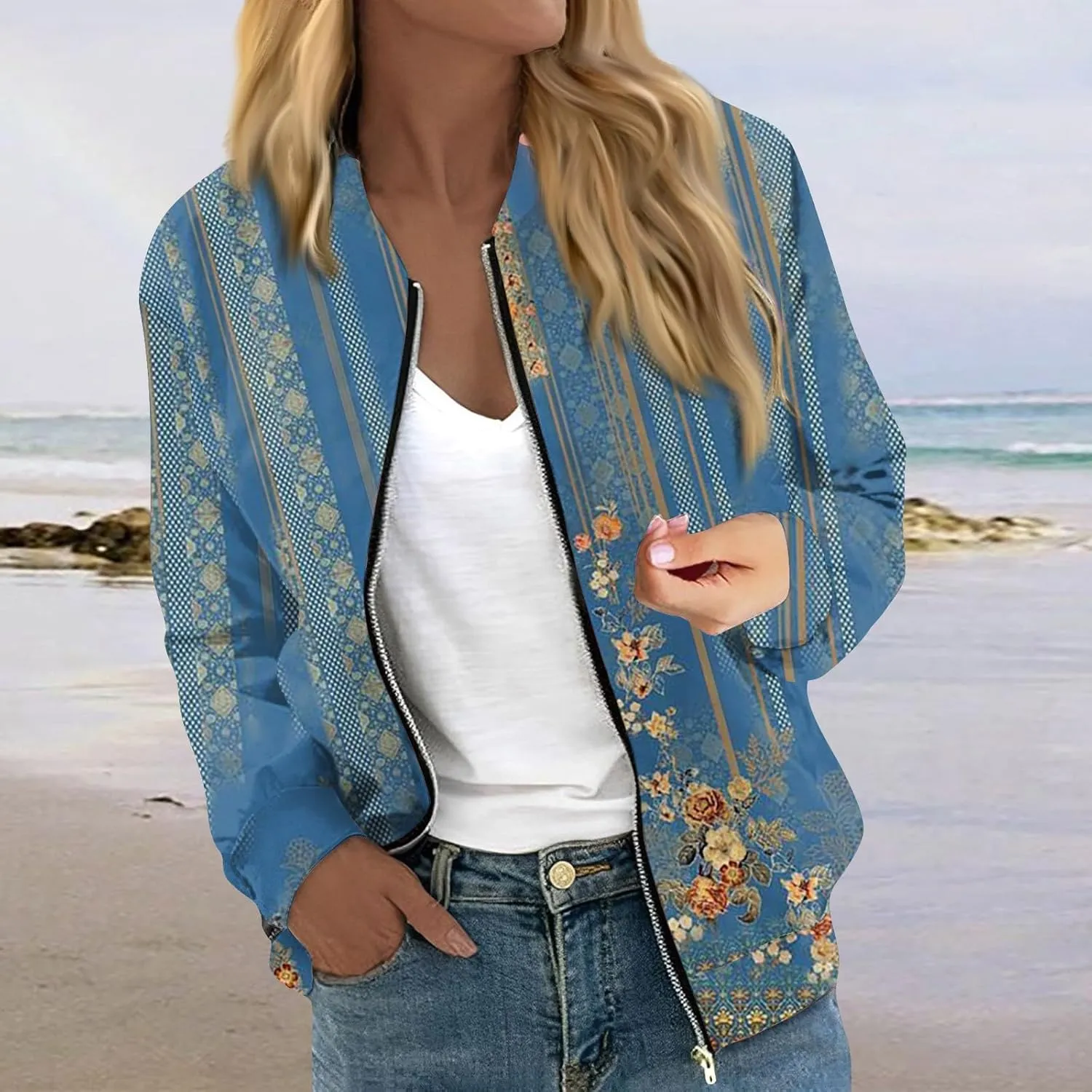 FlekmanArt Women Color Block Bomber Jacket Long Sleeve Lightweight Coat Full Zip Casual Moto Biker Jackets Daily Outerwear