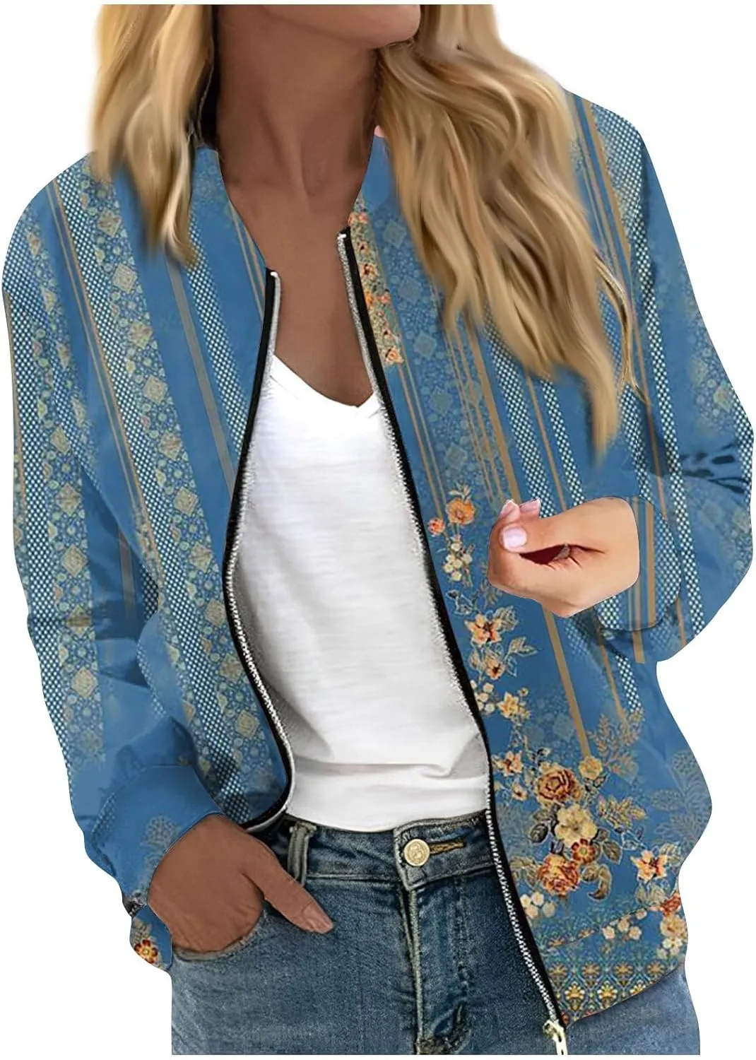FlekmanArt Women Color Block Bomber Jacket Long Sleeve Lightweight Coat Full Zip Casual Moto Biker Jackets Daily Outerwear