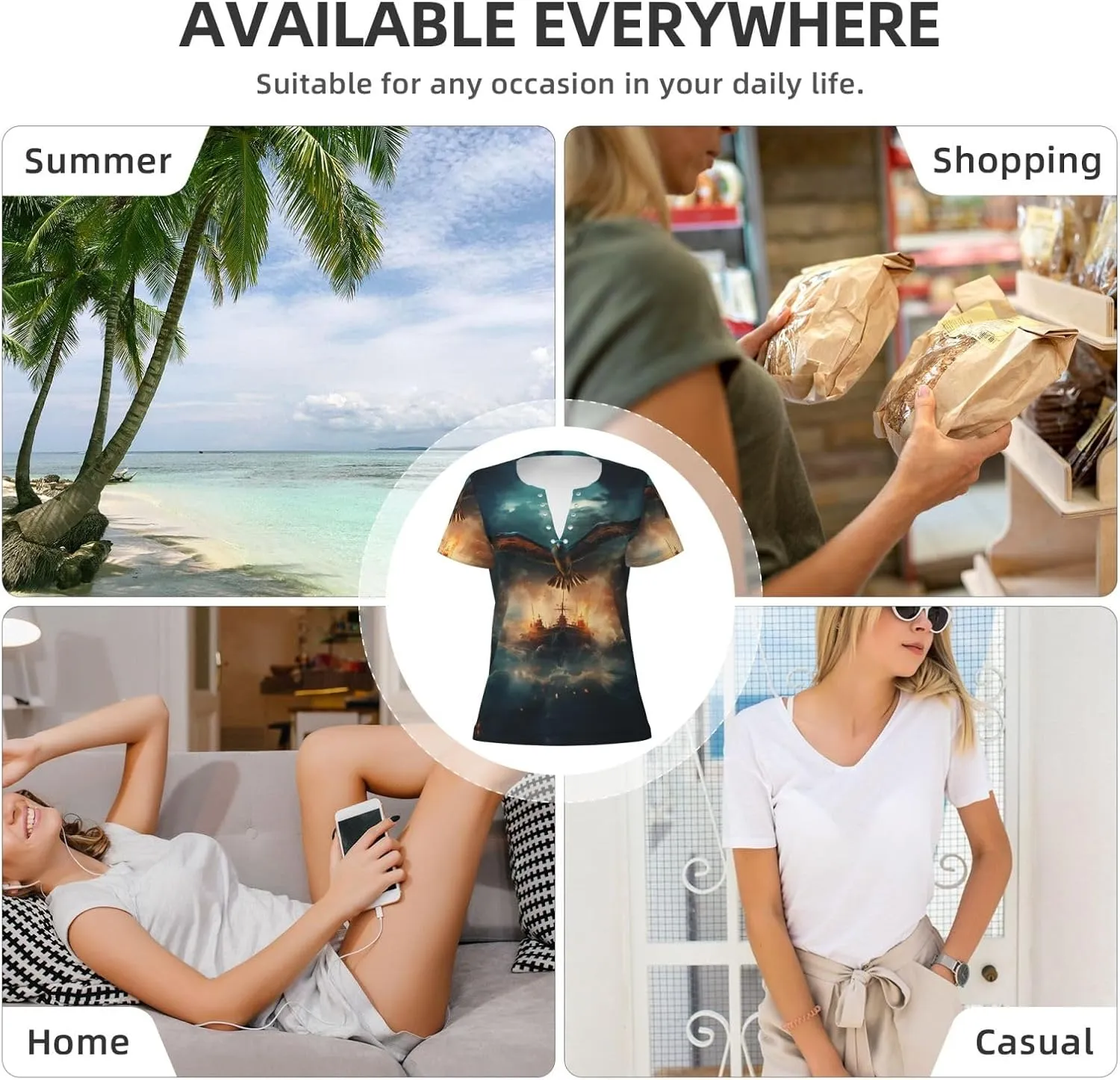 Flying Bird Ship Undersea Pattern Sexy V-Neck Printed Short T-Shirt, Travel Portable Fitness Clothes, Home and Outdoor wear
