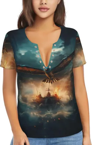 Flying Bird Ship Undersea Pattern Sexy V-Neck Printed Short T-Shirt, Travel Portable Fitness Clothes, Home and Outdoor wear