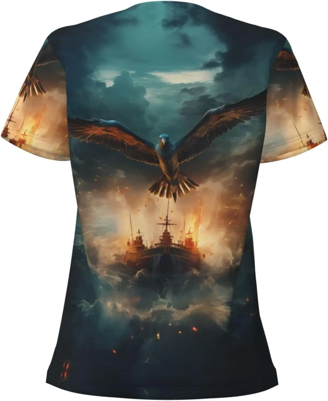 Flying Bird Ship Undersea Pattern Sexy V-Neck Printed Short T-Shirt, Travel Portable Fitness Clothes, Home and Outdoor wear