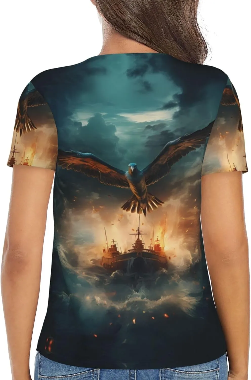 Flying Bird Ship Undersea Pattern Sexy V-Neck Printed Short T-Shirt, Travel Portable Fitness Clothes, Home and Outdoor wear