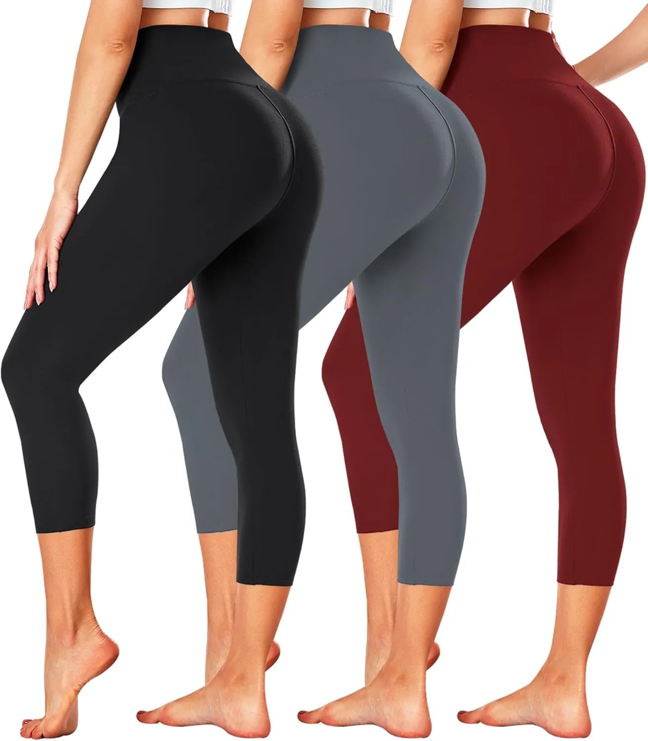 FULLSOFT 3 Pack Capri Leggings for Women - High Waisted Tummy Control Black Workout Yoga Pants