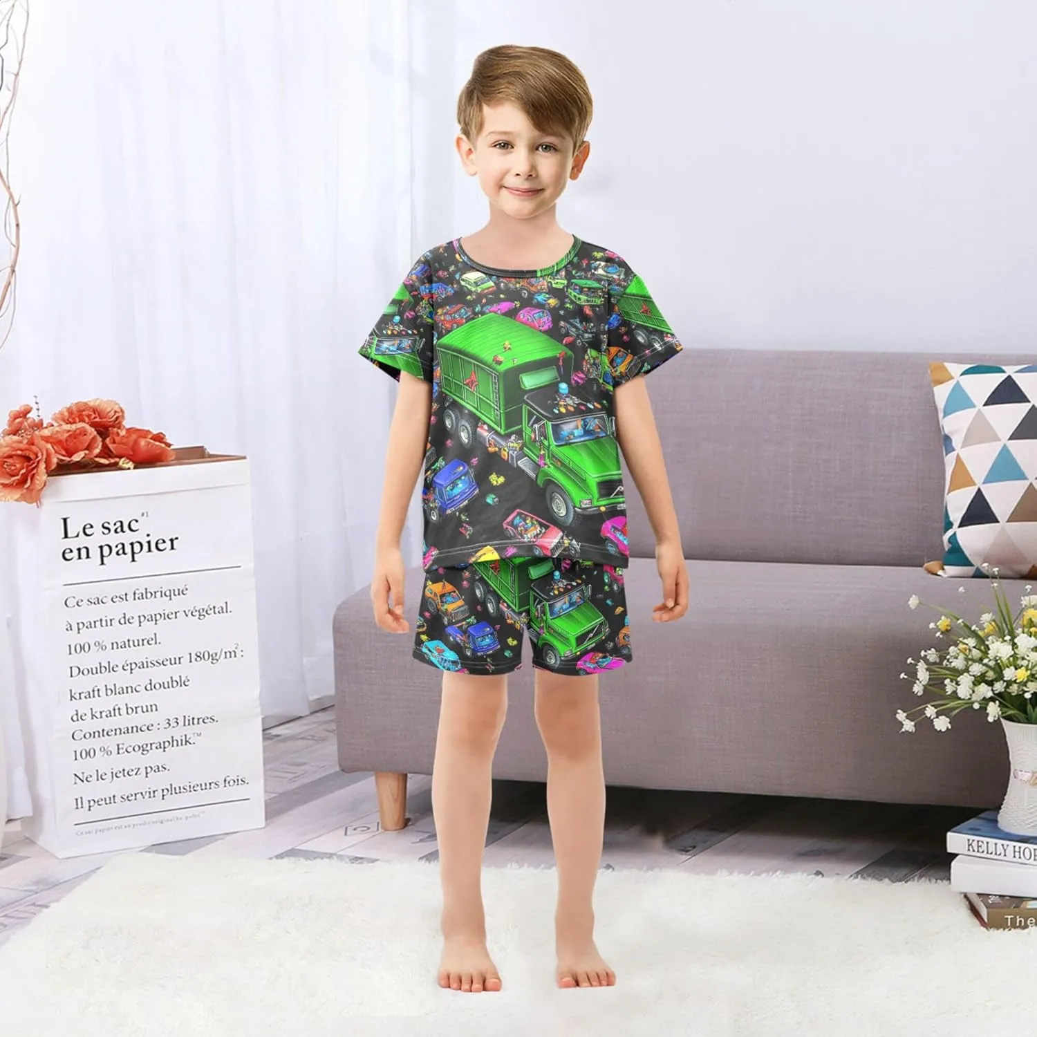 Garbage Truck Cars Colorful Summer Pajamas Short Set 2 Piece Sleepwear
