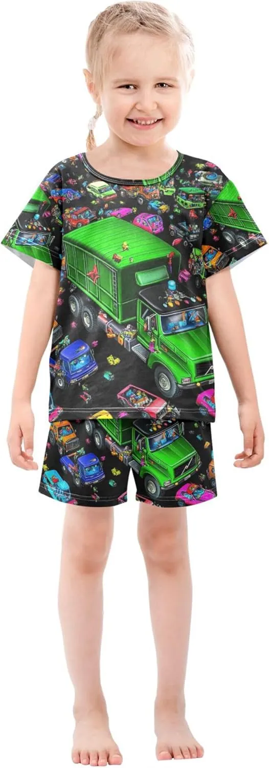 Garbage Truck Cars Colorful Summer Pajamas Short Set 2 Piece Sleepwear