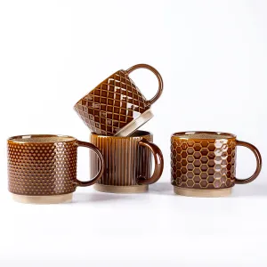GBHOME 8OZ Stackable Coffee Mugs, Ceramic Coffee Mugs with Texture Patterns for Man,Woman,Dad,Mom, Modern Coffee Cups Set of 4 for Espresso/Cappuccino/Cocoa. Dishwasher&Microwave Safe,