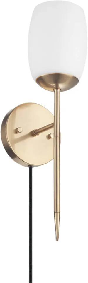 GLOBE Electric 51635 1-Light Plug-in or Hardwire Wall Sconce, Soft Matte Brass, Opal Glass Shade, Lights for Bedroom, Kitchen Sconces Lighting, Living Room, Bulb Not Included, Mounted Bedside Lamp