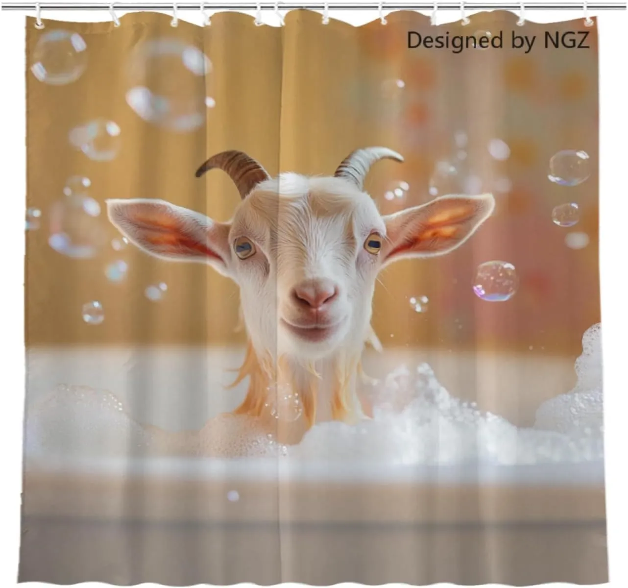 Goat Shower Curtain, Cute Goat with Soap Bubble, Orange Shower Curtain Set with 12 Hooks for Spring Summer Bathroom Decor, 72X72inch