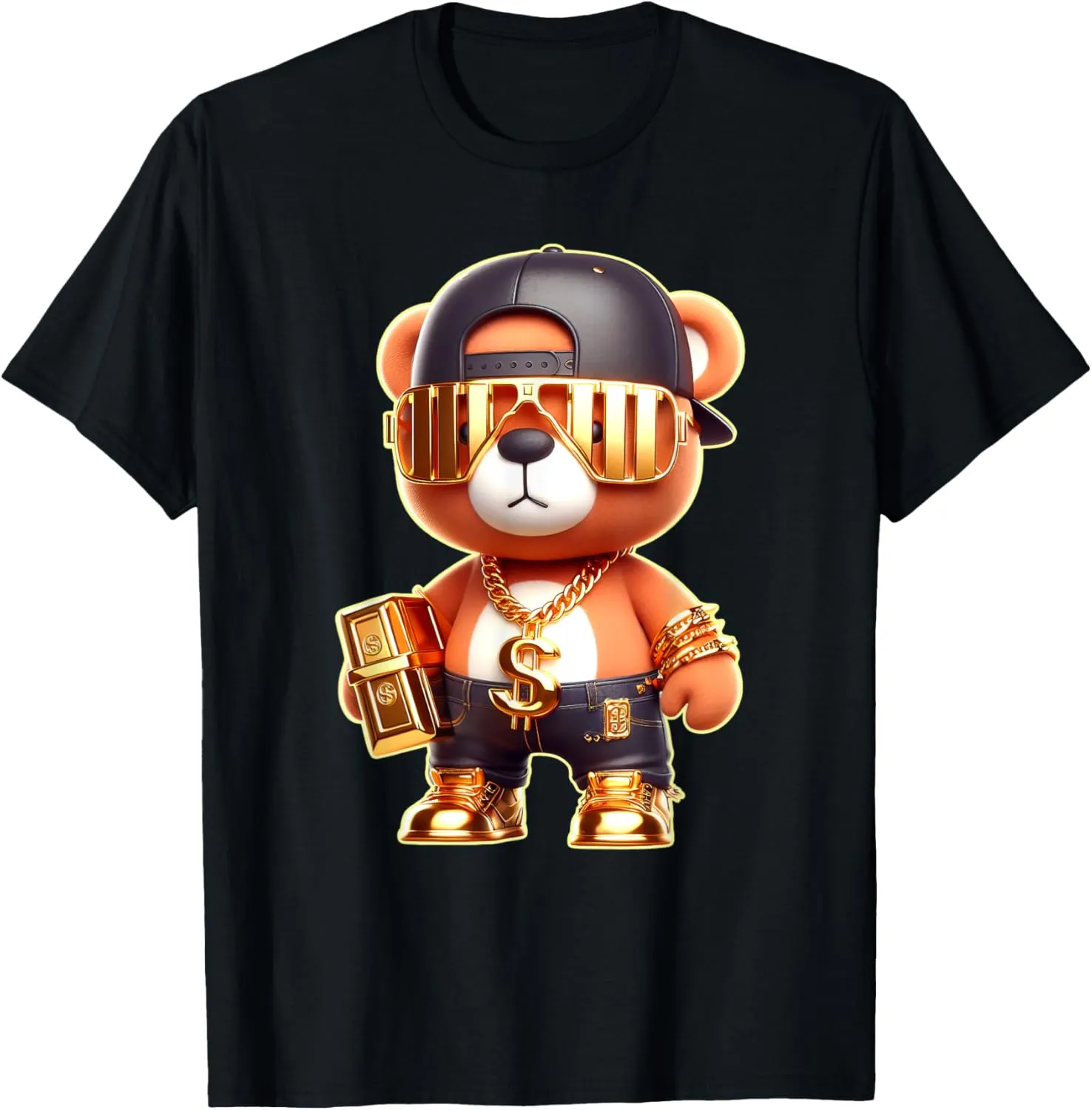 Golden Teddy Bear Golden Chain Money Sign Bars T-Shirt