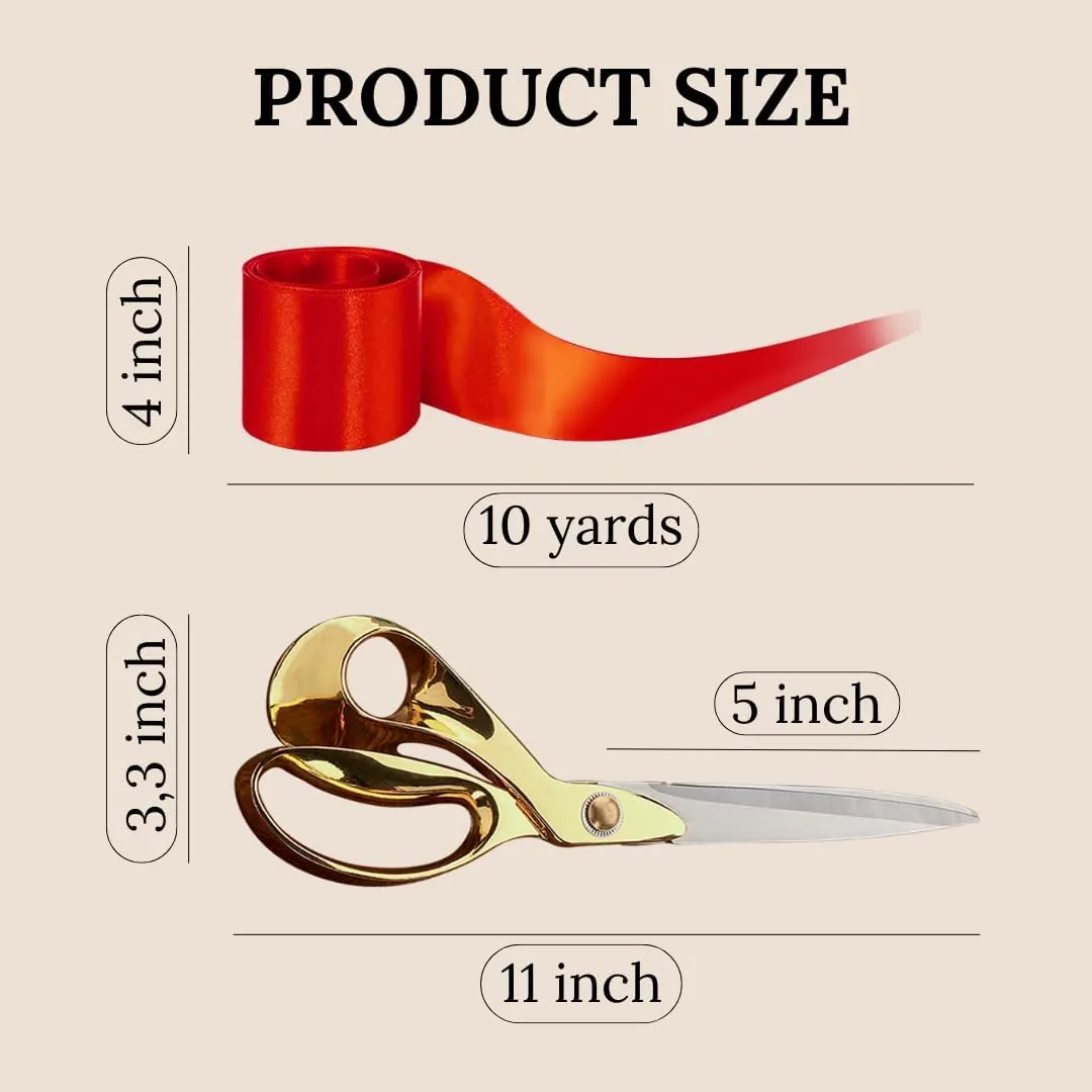 Grand Opening Ceremonial Kit - 10 Inch Gold Ribbon Cutting Scissors and Red Satin Ribbon for Special Inaugurations Ceremonial Events and Business Openings