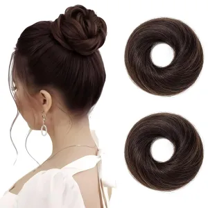 Hairro 2PCS Messy Hair Scrunchies Real Hair Updo Hairpieces Donut Elegant Chignon Wrap On Instant Up-do with Elastic Rubber Band Easy Bun For Women 46g #02 Dark Brown