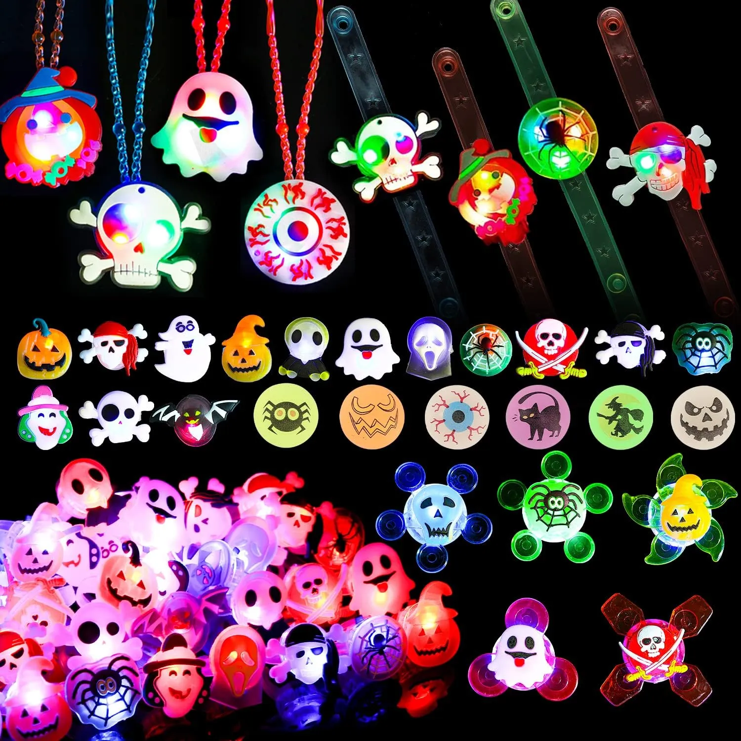 Halloween Party Favors for Kids - 57 PCS Halloween Decorations LED Flash Rings Light Up Necklaces Halloween Toys, Glow in the Dark Halloween Party Supplies, Halloween Gifts/Halloween Treats for Kids