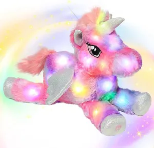 Hopearl Colorful LED Plush Unicorn Light up Stuffed Animal Floppy Night Lights Glow in The Dark Birthday Festival for Kids Toddler Girls, Rainbow, 16''