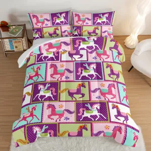 HOSIMA 3Pcs Kawaii Kids Horse Comforter Set with 2 Pillowcases,Colorful Dots Style Full Size Bed in a Bag Set for Adults Teens Princess Toddler Bedding Set,Horse Pony Full Size Comforter Sets.
