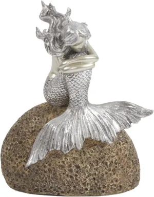 Howard Elliott Mermaid on The Rock Figure Statue for Home & Garden Decor, Bright Silver Finish Sea Life Sculpture with Padded Base for Console Table, Book Shelves & Home Decor, 8 x 5 x 10 inches