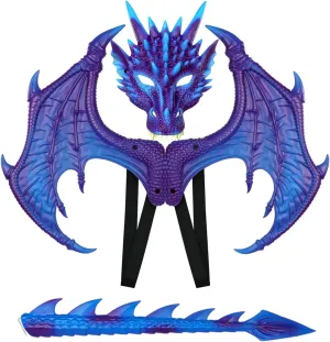 HyperFun Dragon Wings Costume for Kids Dinosaur Tail Mask Set, Cool Halloween Cosplay Dragon Costume Mask for Children Boys