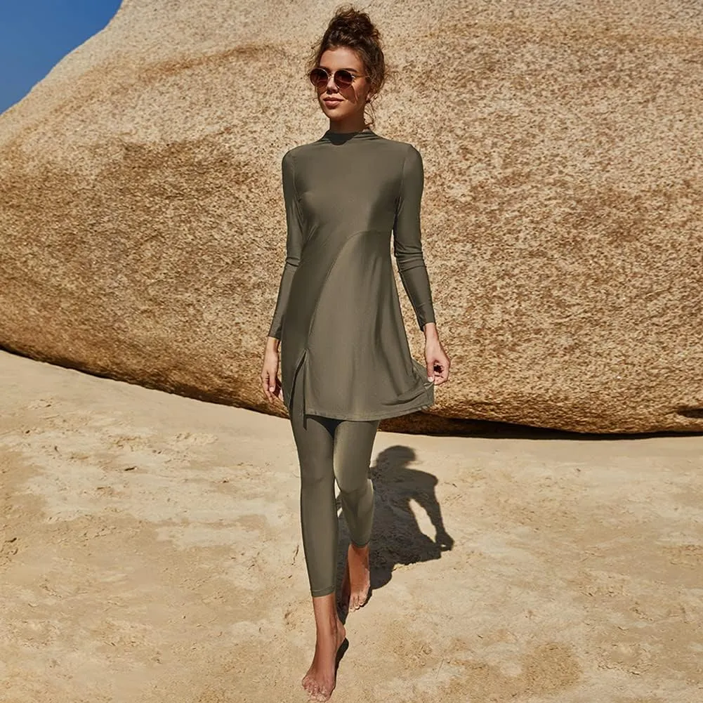 IBAKOM Muslim Swimsuit for Women Rash Guard Set 3 Pieces Long Sleeve Modest Swimwear with Swim Cap Surfing Bathing Suit