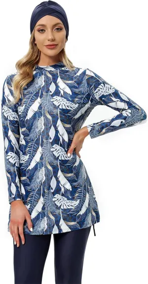 IBAKOM Muslim Swimsuit for Women Rash Guard Set 3 Pieces Long Sleeve Modest Swimwear with Swim Cap Surfing Bathing Suit