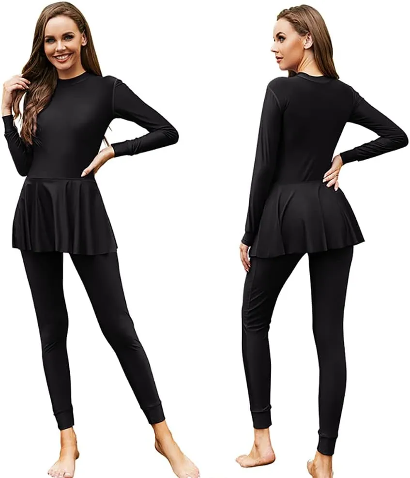 IBAKOM Muslim Swimsuit for Women Rash Guard Set 3 Pieces Long Sleeve Modest Swimwear with Swim Cap Surfing Bathing Suit