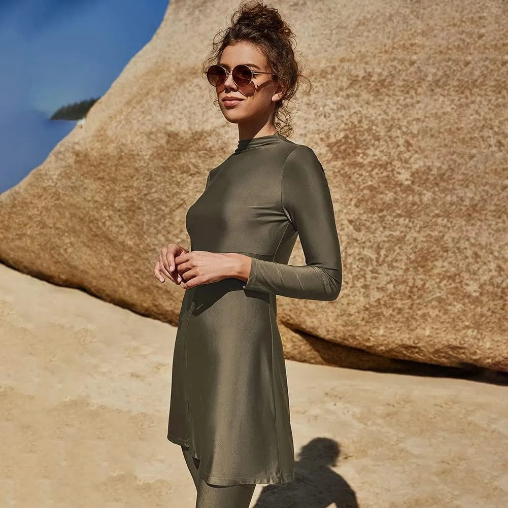 IBAKOM Muslim Swimsuit for Women Rash Guard Set 3 Pieces Long Sleeve Modest Swimwear with Swim Cap Surfing Bathing Suit