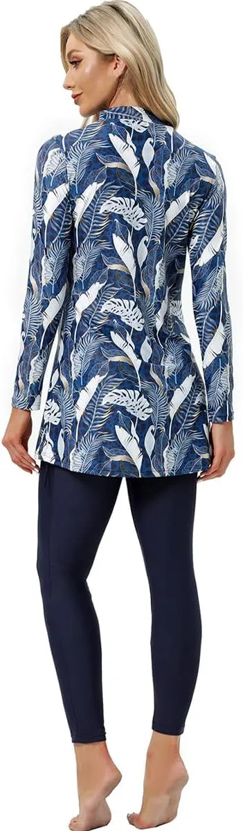 IBAKOM Muslim Swimsuit for Women Rash Guard Set 3 Pieces Long Sleeve Modest Swimwear with Swim Cap Surfing Bathing Suit